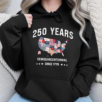 250 Years Semiquincentennial Hoodie | Vintage USA State Patchwork Map Design | Soft Cotton-Polyester Blend | Patriotic Gift for History Lovers