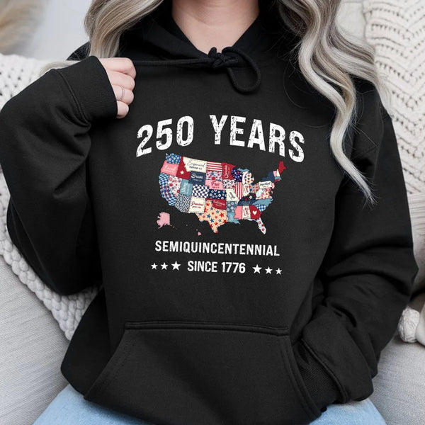 250 Years Semiquincentennial Hoodie | Vintage USA State Patchwork Map Design | Soft Cotton-Polyester Blend | Patriotic Gift for History Lovers