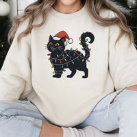 Adorable Kitten Holiday Lights Crewneck, Black Cat Christmas Sweatshirt, Humorous Cat Lover Xmas Pullover, Winter Holiday Spooky Cat Sweater