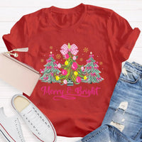 Merry and Bright Holiday Graphic Tee, Bow Christmas Tree Teacher Shirt, Adorable Teacher Christmas T-Shirt, Winter School Holiday Present