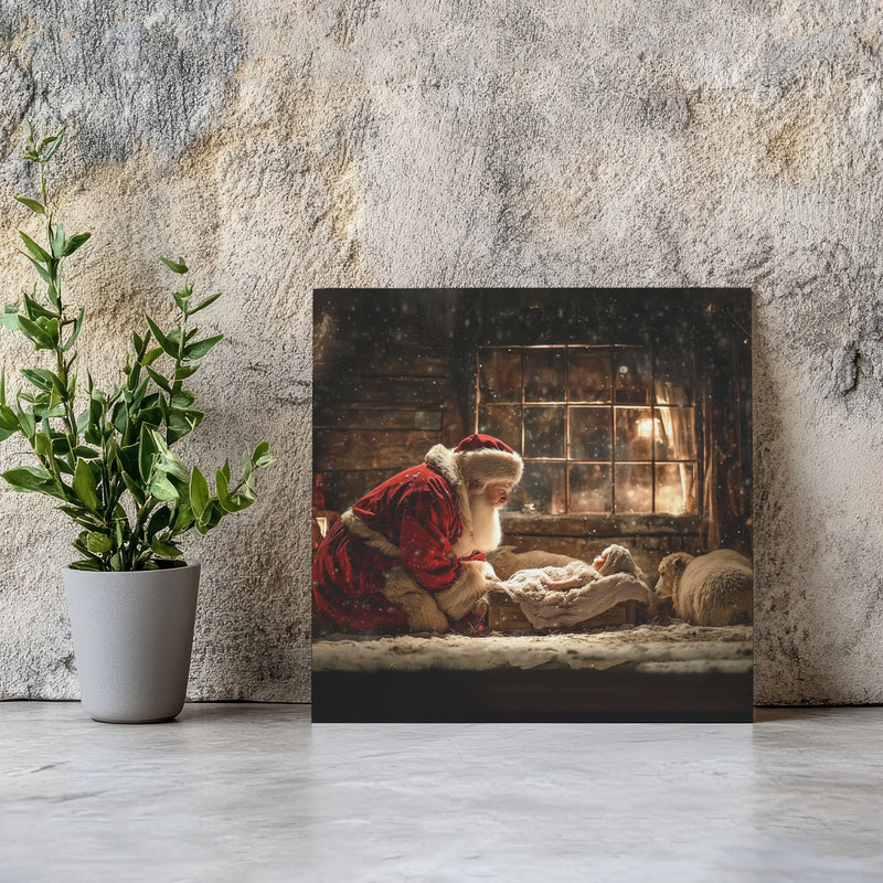Nativity Scene Printable Poster, Santa Kneeling at Manger Wall Art, Christian Christmas Digital Download, Jesus Nativity Art Print Present