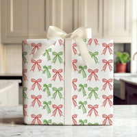 Red and Green Bow Gift Wrap Roll, Hand Drawn Christmas Bows Wrapping Paper, Festive Holiday Wrapping Paper, Xmas Gift Wrapping Paper Roll