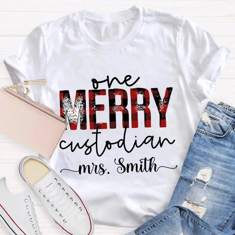 Custom Janitor Holiday Shirt, Personalized One Merry Custodian Christmas T-Shirt, Custodial Staff Graphic Tee Xmas Present