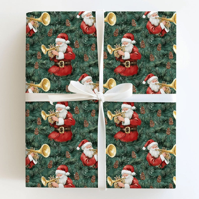 Musical Pine Christmas Gift Wrap, Santa Playing Trumpet Wrapping Paper, Dark Green Santa Wrapping Paper, Festive Holiday Gift Wrapping Paper