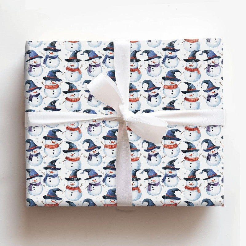 Watercolor Winter Snowmen Gift Wrap, Wizard Snowman Wrapping Paper, Magical Witch Hat Gift Wrapping Paper, Festive Christmas Present Wrap