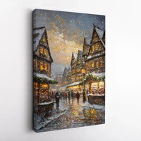 European Winter Village Canvas, Snowy Christmas Market Canvas Print, Holiday Street Oil Painting Wall Art, Festive Christmas Canvas Decor