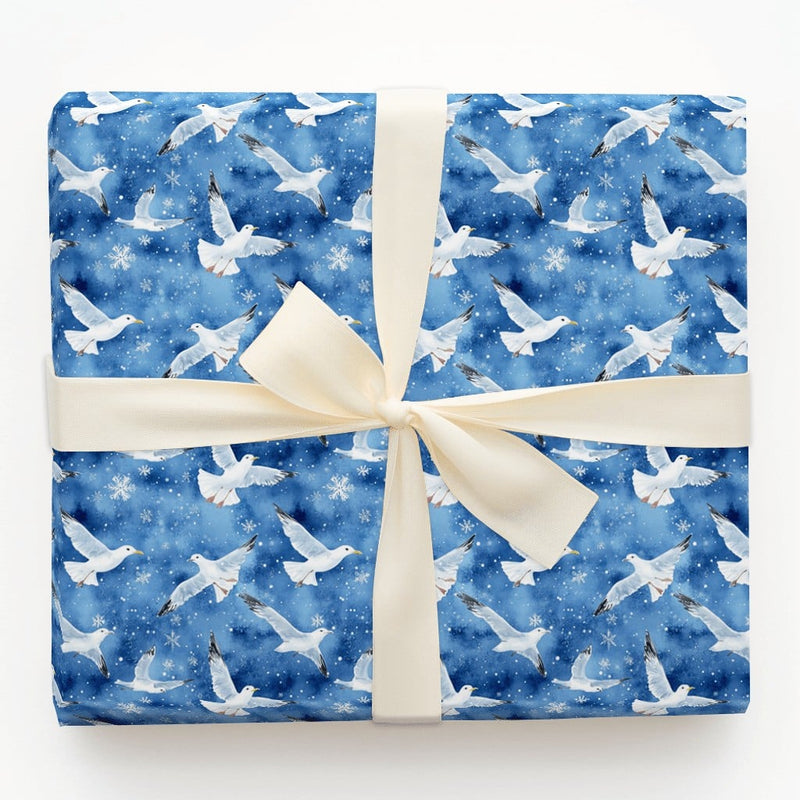 Winter Seagull Snowflake Gift Wrap, Coastal Christmas Wrapping Paper, Watercolor Nautical Wrapping Paper, Beach Holiday Xmas Wrapping Paper