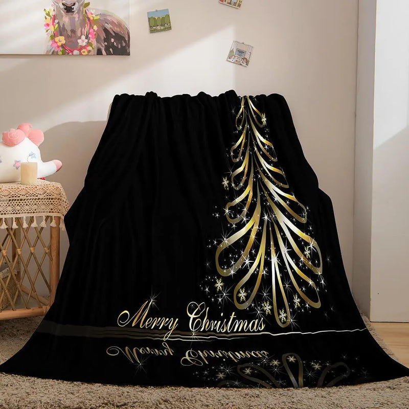 Merry Christmas Throw Blanket, Black and Gold Christmas Tree Blanket, Elegant Holiday Plush Blanket, Winter Home Decor, Family Xmas Present