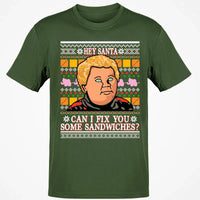 Ugly Christmas Sweater Graphic Tee, Hey Santa Can I Fix You Some Sandwiches T-Shirt, Humorous Holiday Movie Quote Shirt, Xmas Present
