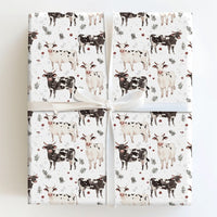 Black and White Cow Gift Wrap, Farmhouse Cow Christmas Wrapping Paper, Winter Holly Wrapping Paper, Rustic Farm Animal Holiday Gift Wrap