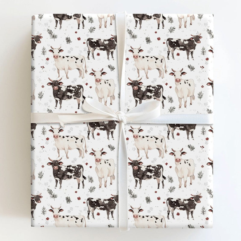 Black and White Cow Gift Wrap, Farmhouse Cow Christmas Wrapping Paper, Winter Holly Wrapping Paper, Rustic Farm Animal Holiday Gift Wrap