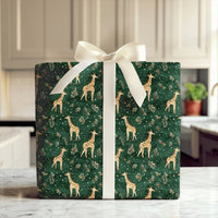 Holly and Snowflake Giraffe Gift Wrap, Christmas Giraffe Wrapping Paper, Winter Giraffe Wrapping Paper, Forest Green Holiday Present Wrap