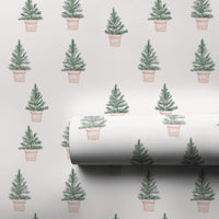 Minimalist Pine Holiday Gift Wrap, Potted Christmas Tree Wrapping Paper, Pink Pot Tree Wrapping Paper, Modern Festive Gift Wrap Roll