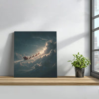 Dramatic Christmas Flight Canvas Wall Art, Santa Sleigh Reindeer Night Sky Canvas, Vintage Holiday Scene Print, Winter Holiday Decor
