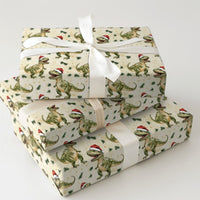Christmas Dino Gift Wrap, Santa Hat T-Rex Dinosaur Wrapping Paper, Adorable Holiday Dinosaur Wrapping Paper, Kids Festive Gift Wrapping Paper