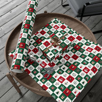 Checkerboard Holiday Icons Gift Wrap, Folk Art Christmas Wrapping Paper, Retro Xmas Wrapping Paper, Festive Winter Present Wrap Paper Roll