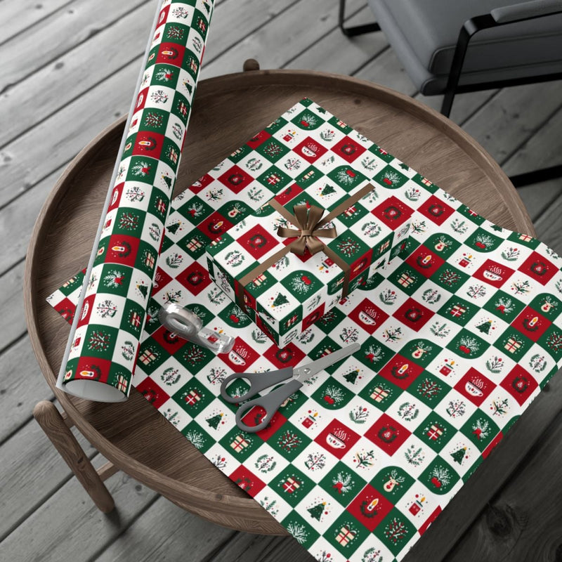 Checkerboard Holiday Icons Gift Wrap, Folk Art Christmas Wrapping Paper, Retro Xmas Wrapping Paper, Festive Winter Present Wrap Paper Roll