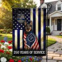 German Shepherd Thin Blue Line Garden Flag | 250 Years Police Service Commemorative | Double-Sided Polyester | Law Enforcement Support Gift