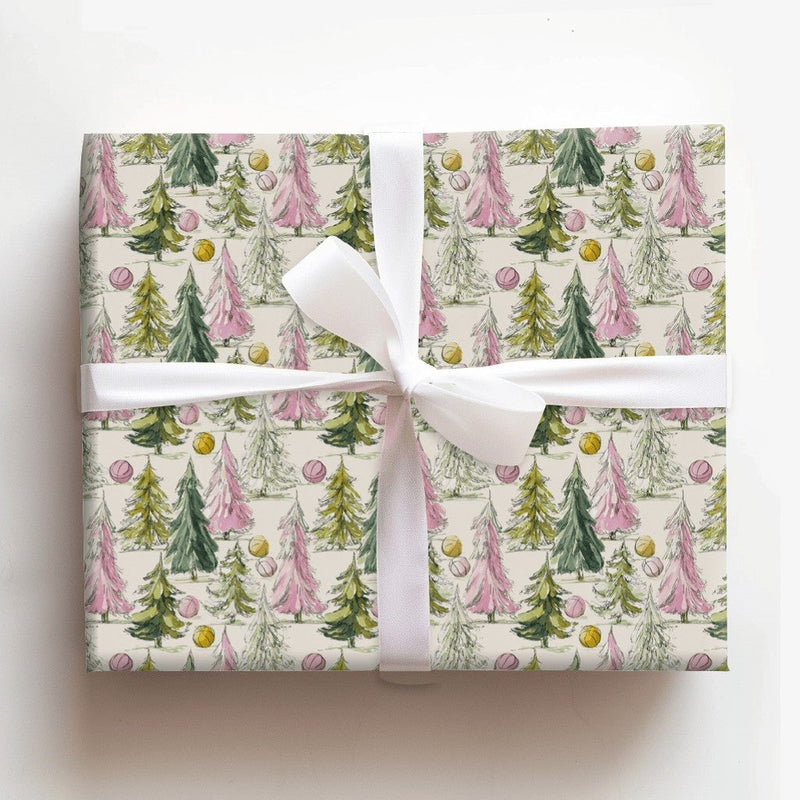 Watercolor Tree Gift Wrap, Pink and Green Christmas Trees Wrapping Paper, Whimsical Holiday Wrapping Paper, Pastel Christmas Tree Gift Wrap