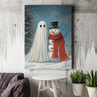 Spooky Christmas Winter Canvas Print, Ghost and Snowman Canvas Wall Art, Whimsical Holiday Ghost Wall Art, Adorable Winter Wall Decor