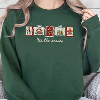 Retro Winter Postage Stamp Crewneck, Tis the Season Christmas Sweatshirt, Comfy Holiday Aesthetic Sweater, Adorable Xmas Pullover for Her