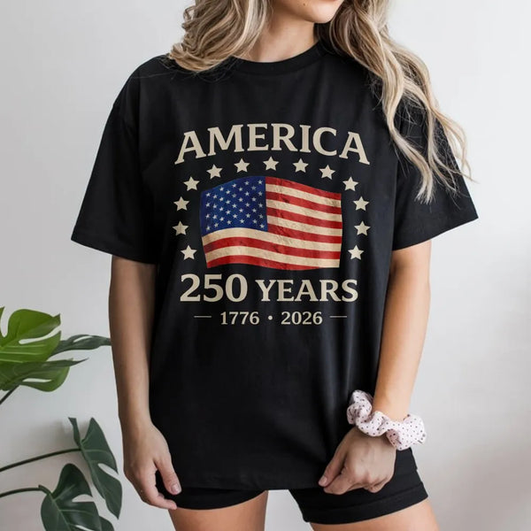 America 250 Years T-Shirt | Vintage American Flag 1776-2026 Graphic | 100% Soft Breathable Cotton | Patriotic Gift for History Lovers