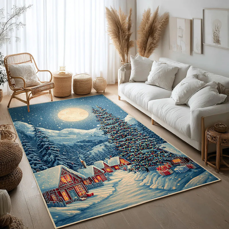 Snowy Forest Landscape Carpet, Frosty Night Winter Area Rug, Christmas Living Room Floor Mat, Non-Slip Rubber Backing Holiday Rug