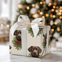 Dog Wreath Holiday Gift Wrap, Chocolate Lab Christmas Wrapping Paper, Labrador Retriever Christmas Wrapping Paper, Pet Lover Gift Wrap