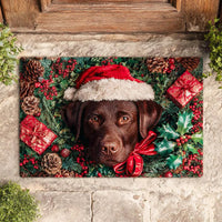 Santa Hat Holiday Dog Welcome Mat, Chocolate Labrador Christmas Doormat, Adorable Lab Door Mat, Pet Entry Floor Mat, Dog Lover Xmas Present