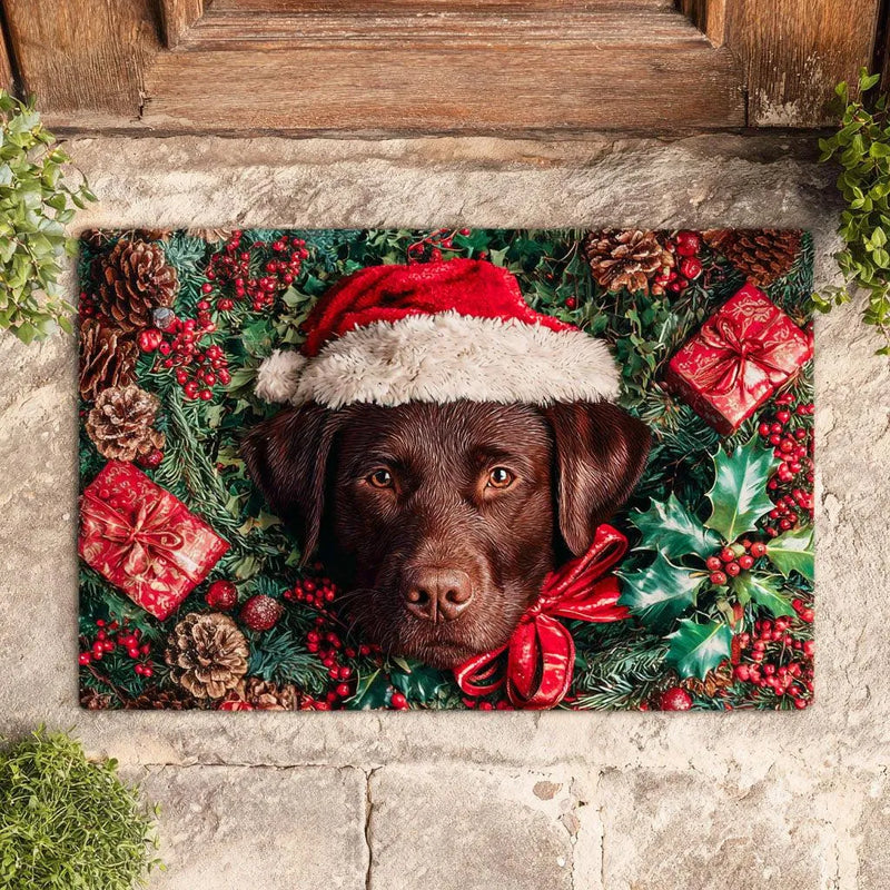 Santa Hat Holiday Dog Welcome Mat, Chocolate Labrador Christmas Doormat, Adorable Lab Door Mat, Pet Entry Floor Mat, Dog Lover Xmas Present