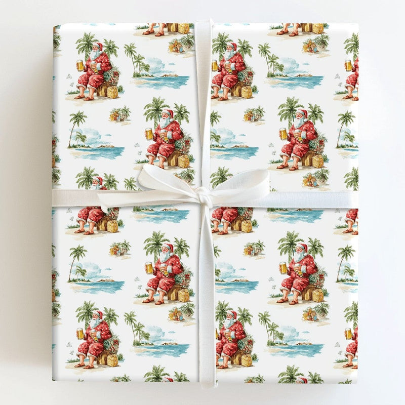 Beach Santa Gift Wrap, Tropical Santa Wrapping Paper, Humorous Beer Santa Wrapping Paper, Coastal Christmas Gift Wrap, Holiday Present Paper