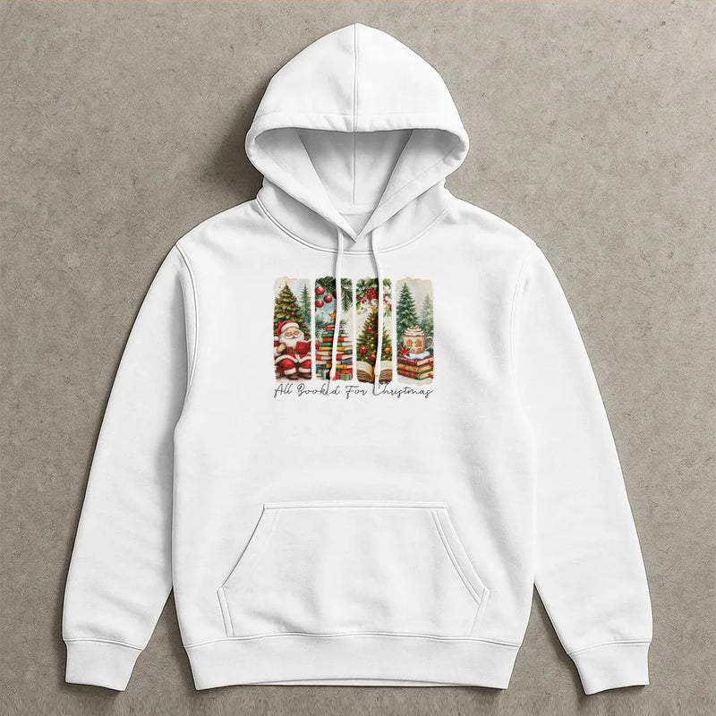Bookish Christmas Hooded Sweatshirt, All Booked for Christmas Hoodie, Vintage Santa Book Stack Pullover, Comfy Reader Christmas Hoodie Present
