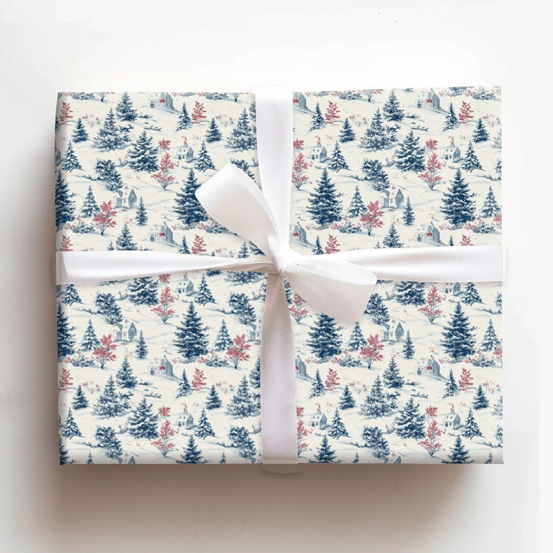 Snowy Village Christmas Gift Wrap, Winter Toile Wrapping Paper, French Country Toile Wrapping Paper, Elegant Blue Cream Holiday Gift Wrap