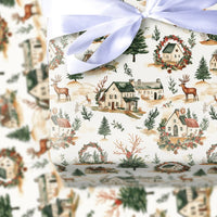 Rustic Watercolor Winter Wrapping Paper, Christmas Village Wrapping Paper, Comfy Pine Tree Gift Wrap, Reindeer Holiday Winter Wrapping Paper