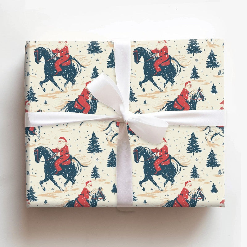 Vintage Western Holiday Gift Wrap, Santa on Horse Christmas Wrapping Paper, Rustic Santa Equestrian Wrapping Paper, Holiday Gift Wrap Roll