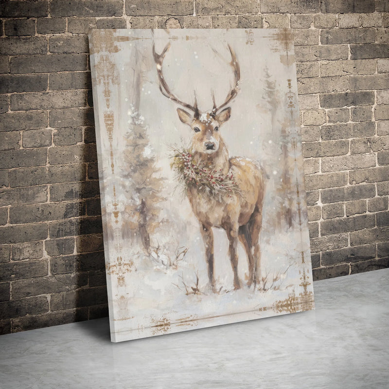 Winter Snowy Deer Forest Print, Christmas Stag Canvas Wall Art, Farmhouse Holiday Decor Poster, Rustic Printable Art Present