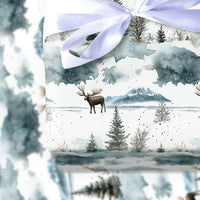 Winter Forest Gift Wrap, Watercolor Moose Wrapping Paper, Snowy Mountain Holiday Wrapping Paper, Rustic Christmas Gift Wrapping Paper