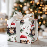 Santa Hat Monkey Gift Wrap, Chimpanzee Christmas Wrapping Paper, Humorous Animal Holiday Paper, Festive Pine Berry Present Wrapping Paper