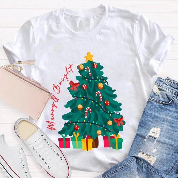 Retro Festive Holiday Graphic Tee, Merry and Bright Christmas Tree T-Shirt, Adorable Xmas Tree Shirt, Winter Holiday Present