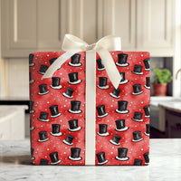 Festive Red Winter Gift Wrap, Snowy Black Top Hats Christmas Wrapping Paper, Classic Snowfall Top Hat Wrapping Paper, Holiday Gift Wrap Roll