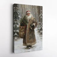 Snowy Forest Christmas Tree Wall Art Poster, Vintage Santa Claus Canvas Print, Nostalgic Holiday Digital Download, Farmhouse Xmas Decor