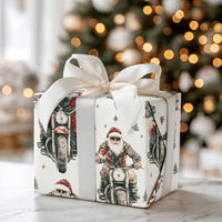 Motorcycle Christmas Gift Wrap, Biker Santa Wrapping Paper, Cool Santa Holiday Wrapping Paper, Retro Motorcyclist Xmas Gift Wrap Roll