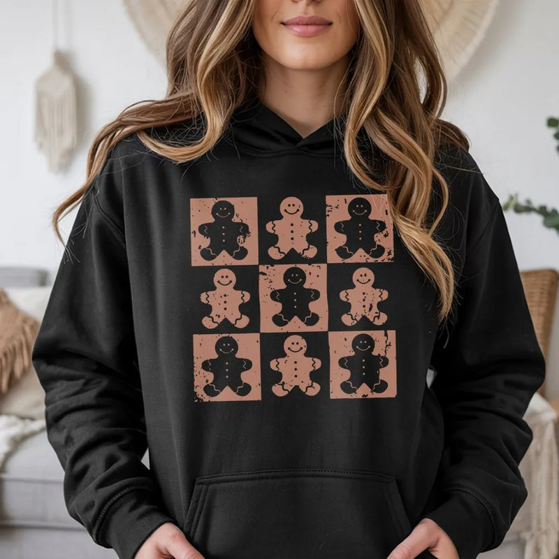 Retro Christmas Cookie Grid Hoodie, Gingerbread Man Hoodie, Holiday Baking Hooded Sweatshirt, Adorable Xmas Pullover Hoodie, Winter Baker Present