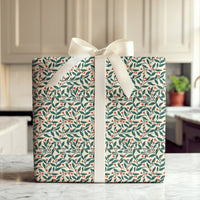 Red Berry Green Leaf Gift Wrap, Botanical Christmas Wrapping Paper, Winter Holiday Wrapping Paper, Festive Botanical Gift Wrap Roll