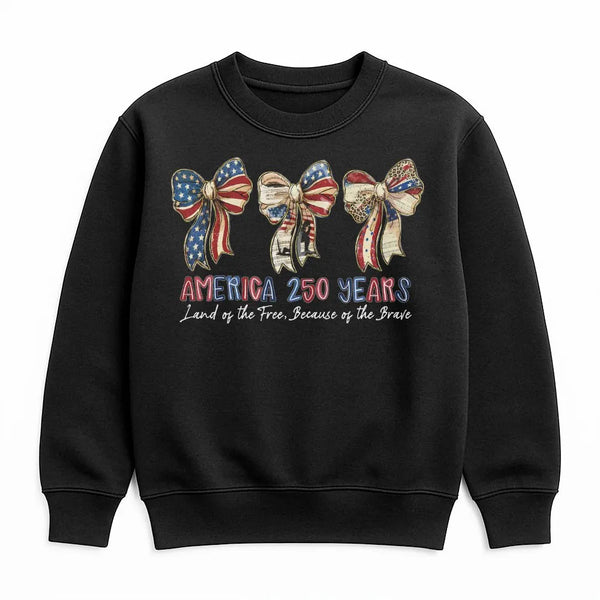 America 250 Years Patriotic Bow Sweatshirt | Vintage Americana Flag Bows Land of the Free Design | Soft Cotton Polyester Blend | 4th of July Gift for Patriots