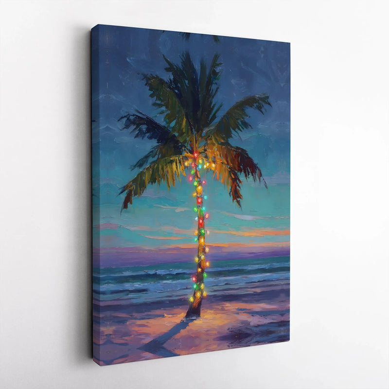 Festive Beach Sunset Canvas Print, Tropical Christmas Palm Tree Wall Art, Coastal Holiday Wall Art, Digital Download, Printable Beach Decor