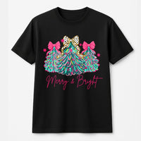 Pink Bow Holiday Tree Graphic Tee, Merry and Bright Christmas T-Shirt, Coquette Christmas Tree Shirt, Adorable Festive Xmas Party T-Shirt