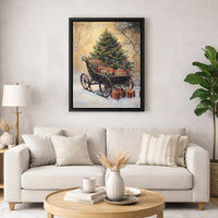 Snowy Tree and Presents Canvas Print, Vintage Christmas Sleigh Canvas Wall Art, Holiday Sleigh Wall Decor, Winter Season Festive Canvas Art