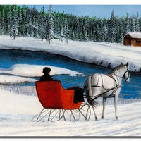 Winter Holiday Landscape Sign, Sleigh Ride by A Stream Metal Sign, Vintage Snowy Creek Wall Art, Comfy Cabin Christmas Decor, Xmas Present