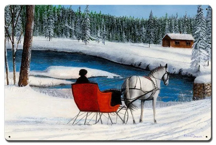 Winter Holiday Landscape Sign, Sleigh Ride by A Stream Metal Sign, Vintage Snowy Creek Wall Art, Comfy Cabin Christmas Decor, Xmas Present